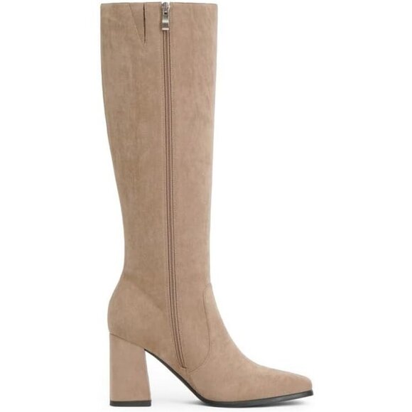 Women's khaki suede Modatope Knee Toe Side Zipper High Heel Square Long boots - Picture 2 of 8